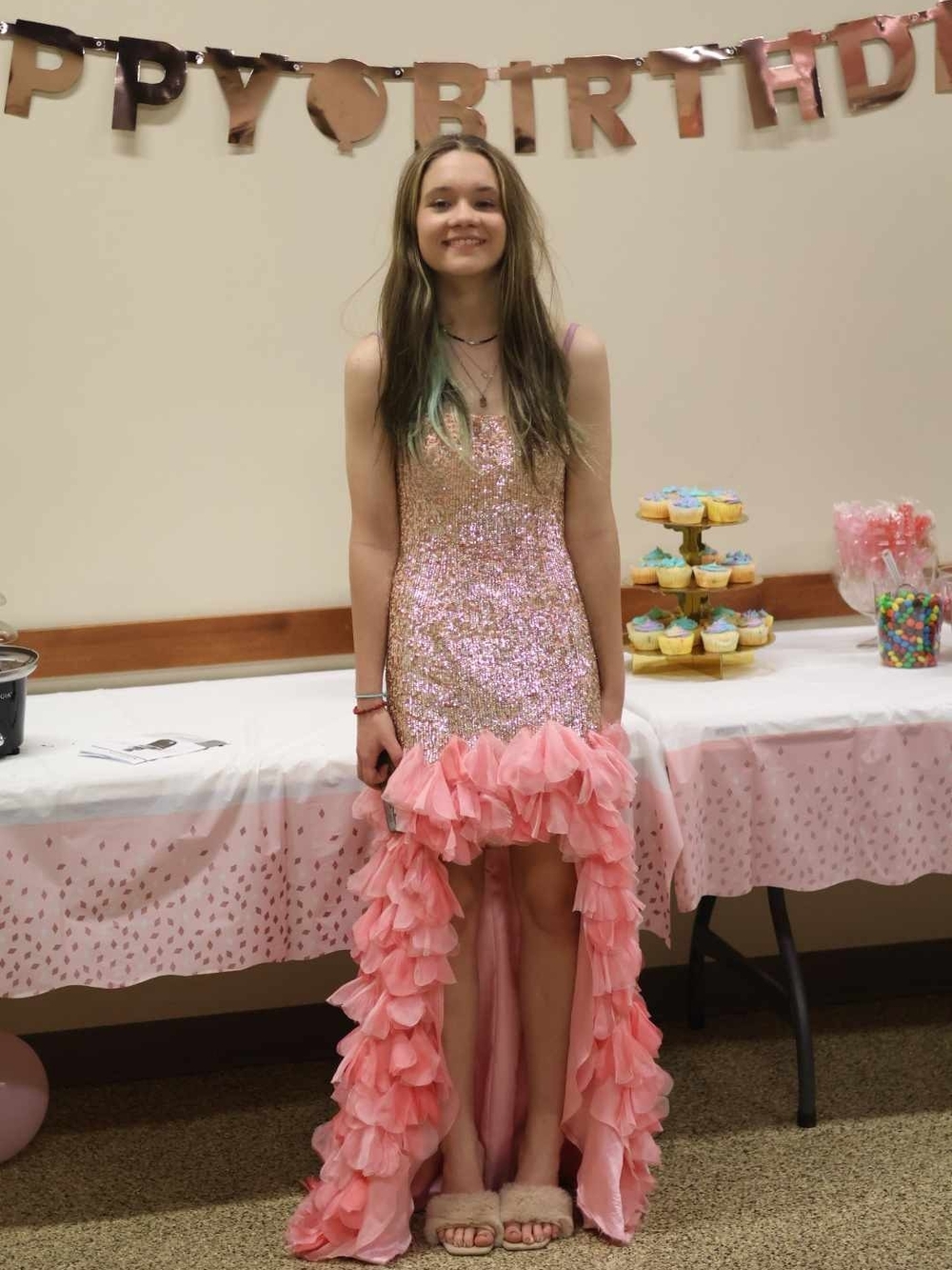 Girls Pink Sequin High-Low Ruffle Party Dress
